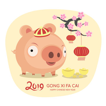 Happy chinese new year 2019  banner with  cute character pig  zoodiac lantern and money gold china vector design