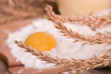 Spikelets of wheat, eggs, milk, flour. Ingredients for bakery products