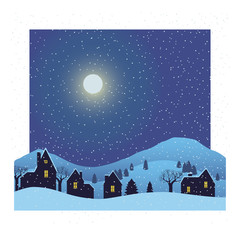 Winter village night background. Vector illustration