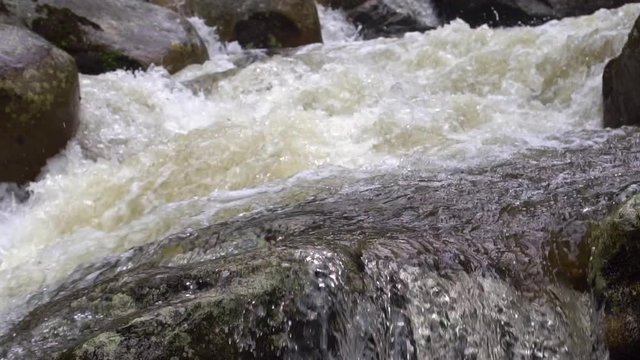 Water cascading over boulders in slow motion. On Rio Abanico on the Amazonian slopes of the Andes, Morona Santiago province, Ecuador