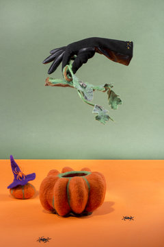 Still life with handmade pumpkins from felted wool and a flying gloved hand for the celebration of Halloween