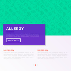 Allergy concept with thin line icons: runny nose, dust, streaming eyes, lactose intolerance, citrus, seafood, dust mite, mold, peanut, allergy test, edema.  vector illustration, print media template.