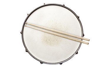 Snare drum with drumsticks top view isolated on white