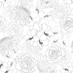 Rose, Chrysanthemum, Carnation, Peony and Amaryllis Flower Background Outline