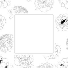 Rose, Chrysanthemum, Carnation, Peony and Amaryllis Flower Banner Card Outline
