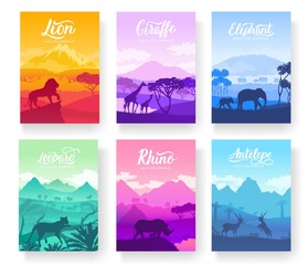 Brochures with African animals in natural habitat. Set of flyers with wildlife in the sunset of the day. Template of magazines, poster, book cover, banners. Landscape invitation concept background