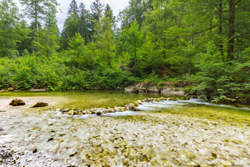 Amazing landscape with mountains, forest and a river in front. beautiful scenery