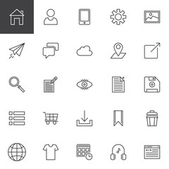 Web development outline icons set. linear style symbols collection, line signs pack. vector graphics. Set includes icons as Home page, User Profile, Smartphone, Settings, Image, Paper plane, Chat