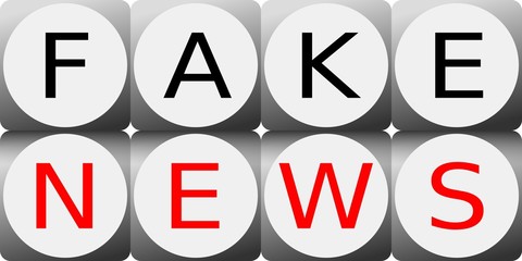 Illustration of two rows of dice with Fake News sign