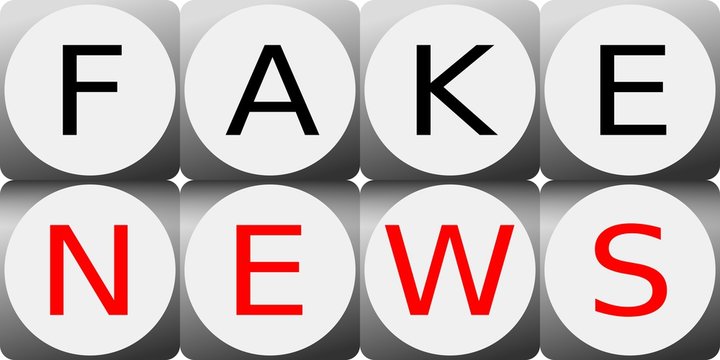 Illustration of two rows of dice with Fake News sign