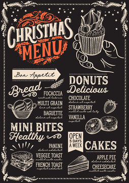 Christmas menu template for bakery and dessert cafe on a blackboard background vector illustration brochure for xmas dinner celebration. Design poster with vintage lettering and holiday graphic.