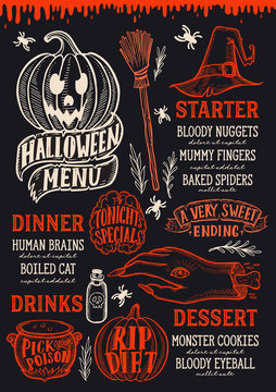 Halloween menu with holiday decorations on a blackboard vector illustration brochure for witch, costumes, horror food party. Design template with vintage lettering and hand-drawn graphic elements.