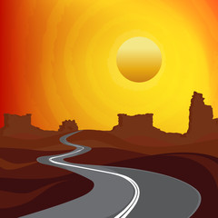 The road in the desert at sunset. Vector illustration.
