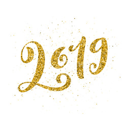 Happy New 2019 Year. Vector illustration. Greeting card for Christmas holydays. Gold sparkling typography.