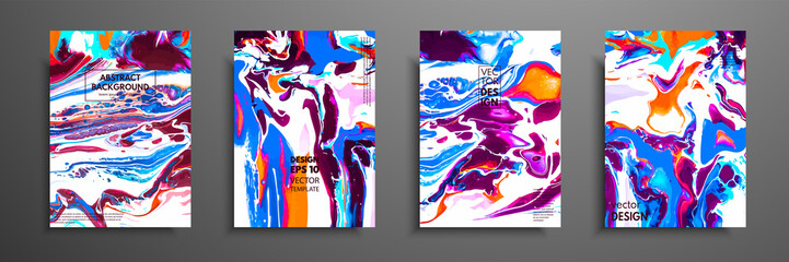 Covers with acrylic liquid textures. Colorful abstract composition. Modern artwork. Vector illustrations with mixed blue, green and white color. Applicable for design placard, flyer, poster