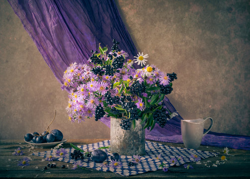 Still life bouquet purple autumn astris