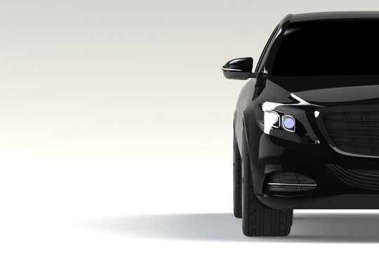 Fototapeta Front view part of black modern car closeup on white background, headlights detail - 3d illustration