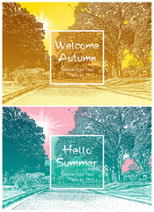 Naklejka premium Landscape with road, residential houses among large trees with sun - summer and autumn view. Vector graphic illustration of typical American small town, empty street of a suburban neighborhood.