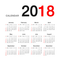 Year 2018 calendar vector design template, simple and clean design. Calendar for 2018 on White Background for organization and business. Week Starts Sunday. Simple Vector Template. EPS10. 