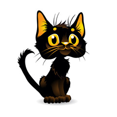 Sad black cat. Vector illustration on isolated background.