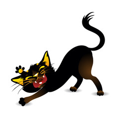 Black cat stretches. Vector illustration on isolated background