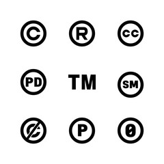 Intellectual property icons: copyright, creative commons, trademark, public domain, all rights reserved, service, sounnd recording.