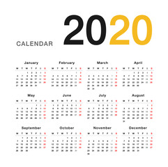Calendar year 2020 vector design template, simple and clean design. Calendar for 2020 on White Background for organization and business. Week Starts Monday. Simple Vector Template. EPS10.