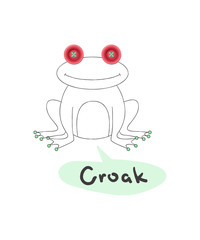 Cute vector illustration, frog in cartoon style with realistic pink button eyes, with hand drawn lettering Croak. Scrapbook element. Art card for nursery or kids room poster background.