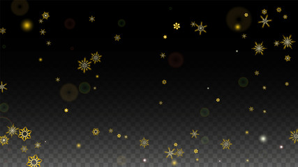 Christmas  Vector Background with Gold Falling Snowflakes Isolated on Transparent Background. Realistic Snow Sparkle Pattern. Snowfall Overlay Print. Winter Sky. Design for Party Invitation.