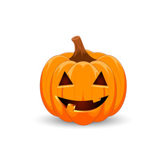 Pumpkin on white background. The main symbol of the Happy Halloween holiday. Orange pumpkin with smile for your design for the holiday Halloween. Vector illustration.