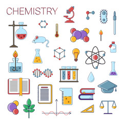 Set of scientific chemistry vector flat icons, Chemistry education symbols in colored cute design with chemistry elements for mobile concepts and web apps. Collection of cute science chemistry flat