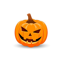 Pumpkin on white background. The main symbol of the Happy Halloween holiday. Orange pumpkin with smile for your design for the holiday Halloween. Vector illustration.