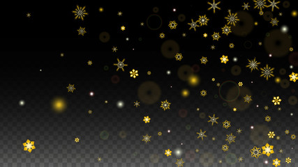 Christmas  Vector Background with Gold Falling Snowflakes Isolated on Transparent Background. Realistic Snow Sparkle Pattern. Snowfall Overlay Print. Winter Sky. Design for Party Invitation.