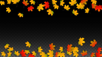 September Vector Background with Golden Falling Leaves. Autumn Illustration with Maple Red, Orange, Yellow Foliage. Isolated Leaf on Transparent Background. Bright Swirl. Suitable for Posters.