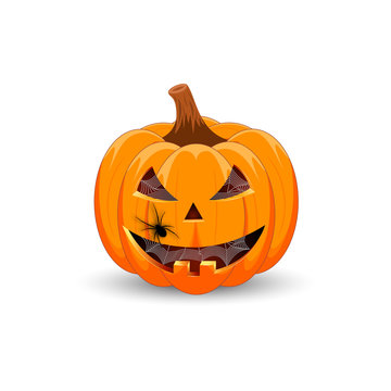 Pumpkin with spider on white background. The main symbol of the Happy Halloween holiday. Orange pumpkin with smile for your design for the holiday Halloween. Vector illustration.