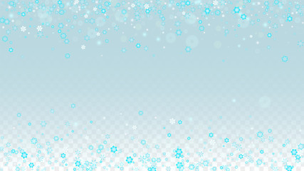 Christmas  Vector Background with Blue Falling Snowflakes Isolated on Transparent Background. Realistic Snow Sparkle Pattern. Snowfall Overlay Print. Winter Sky. Design for Party Invitation.