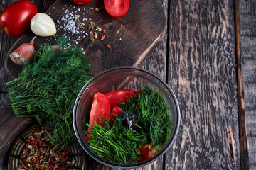 ingredients for fresh tomato sauce, garlic, herbs and spices