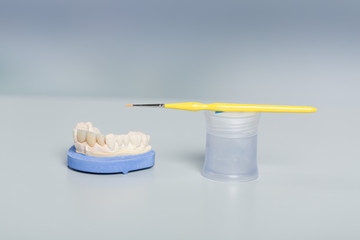 Zahnersatz mit Pinsel im Zahntechniklabor