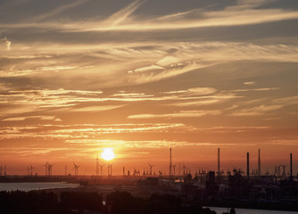Sunset over the River Scheldt and Port of Antwerp, Belgium