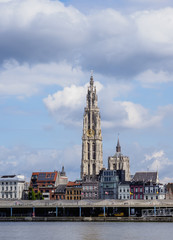 View over River Scheldt towards Cathedral of Our Lady, Antwerp, Belgium