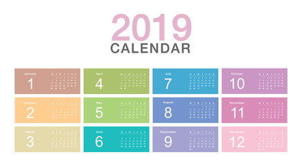 Colorful Year 2019 calendar horizontal vector design template, simple and clean design. Calendar for 2019 on White Background for organization and business. Week Starts Monday.