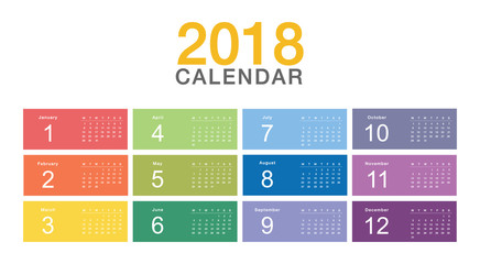 Colorful Year 2018 calendar horizontal vector design template, simple and clean design. Calendar for 2018 on White Background for organization and business. Week Starts Monday.