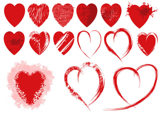 Set of Red Grunge Heart Shapes on White Background - Brush Sketch Illustration with Abstract Artistic Painting, Vector