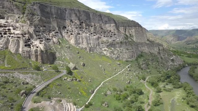 Vardzia is a cave monastery site excavated from Erusheti Mountain on the left bank of the Mtkvari River, near Akhaltsikhe, Georgia.