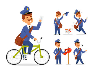 Postman delivery man character vector courier occupation carrier package mail shipping deliver professional people with envelope.