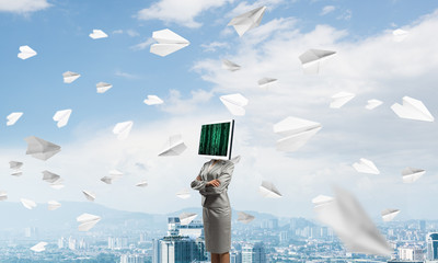 Business woman with monitor instead of head.