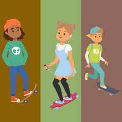 Skateboard characters vector banner stylish skating kids illustration skate cartoon male activity extreme skateboarding icon.
