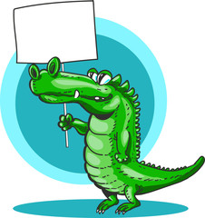 Naklejka premium alligator holds blank banner sign for customizable, cartoon style vector illustration