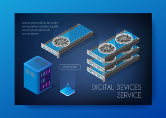 Video card set of mining bitcoin on digital technology video cryptocurrency blockchain business. The component of electronic equipment high-tech industry isometric graphics card.