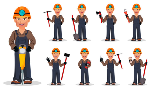 Miner Man, Mining Worker. Cartoon Character